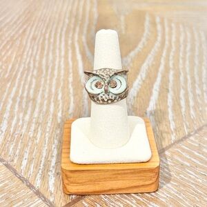 Owl Ring Size 8 Brass Tone Crystal Eyes Boho Animal Statement Ring Cute
